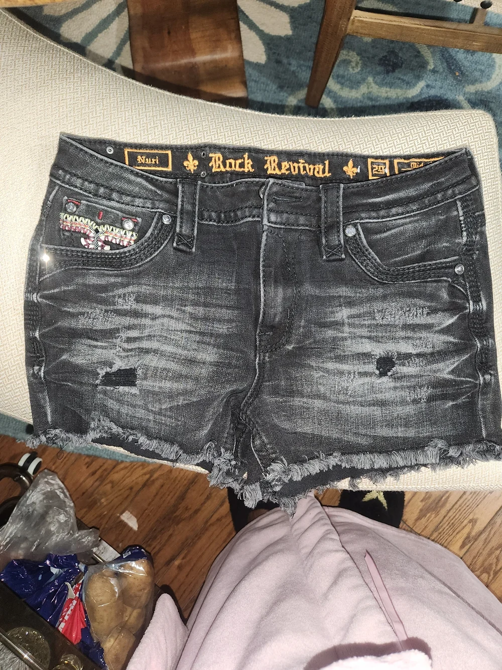 Rock Revival Black Denim Shorts with Multicolor Embroidered Pockets